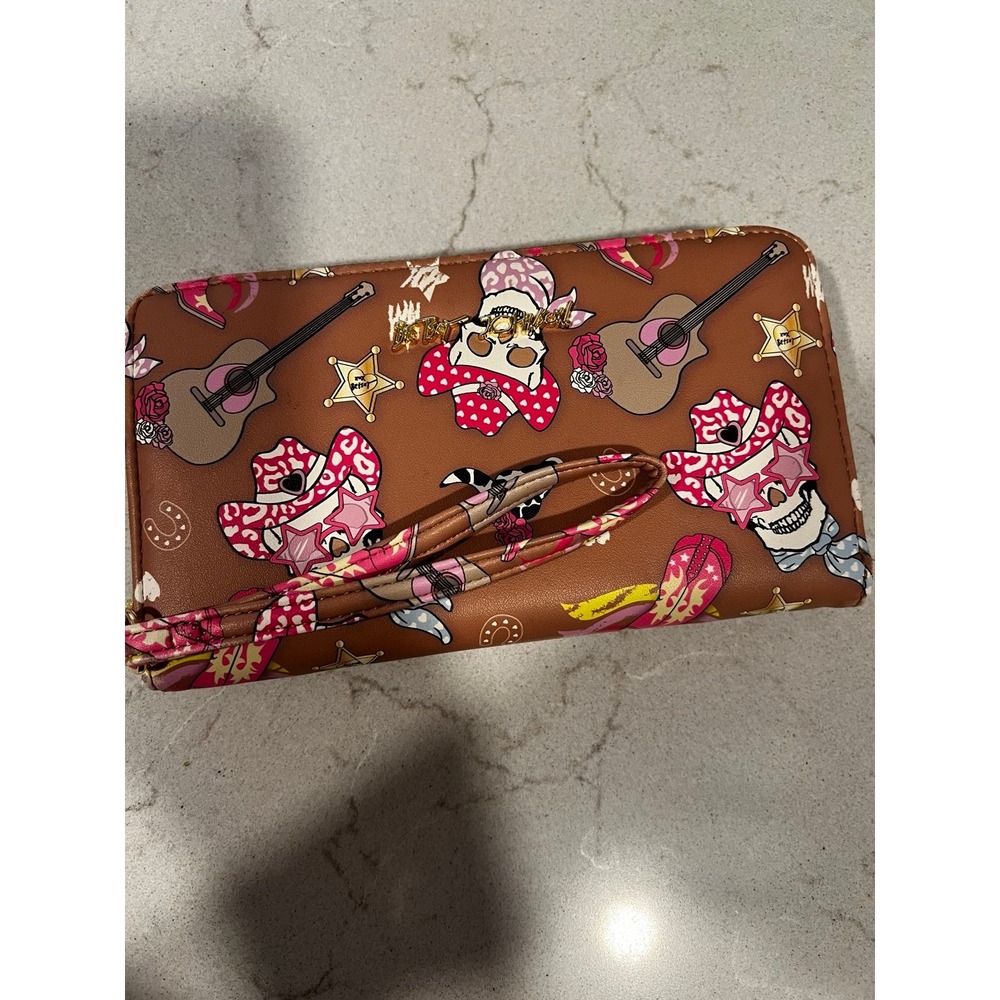Betsey Johnson Skull Cowboy Cowgirl Wallet Zip Around Wristlet Clutch
